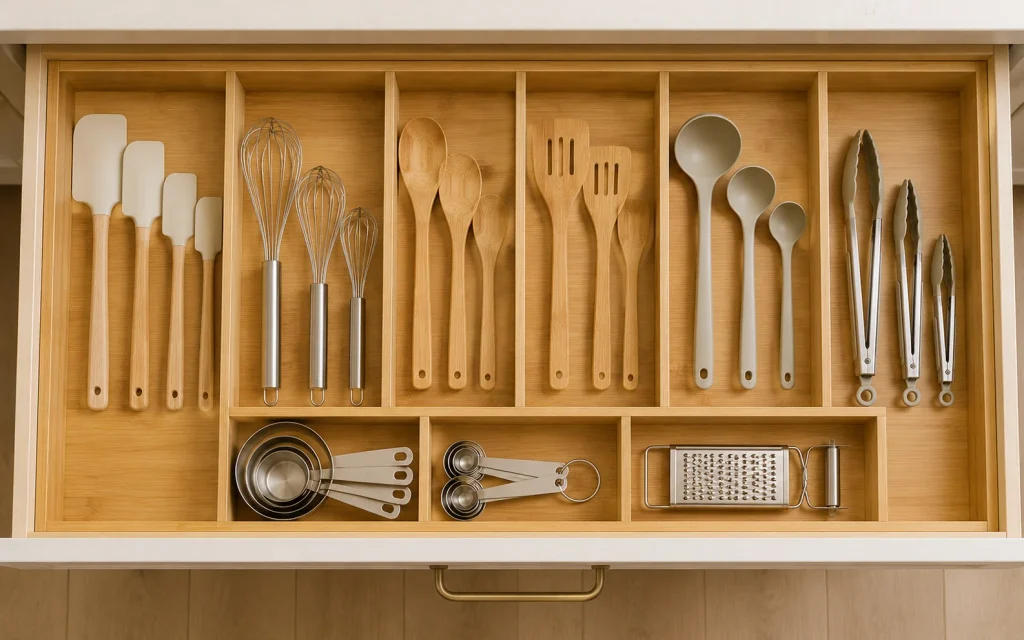 Affordable Tips to Organize Kitchen: 16 Easy Pinterest Ideas 13 Knolling view of kitchen utensils sorted in a bamboo drawer tray