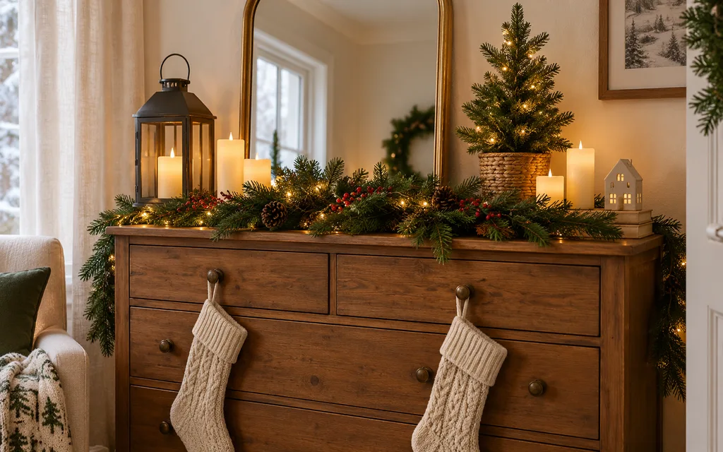 Dresser styled as a holiday mantel