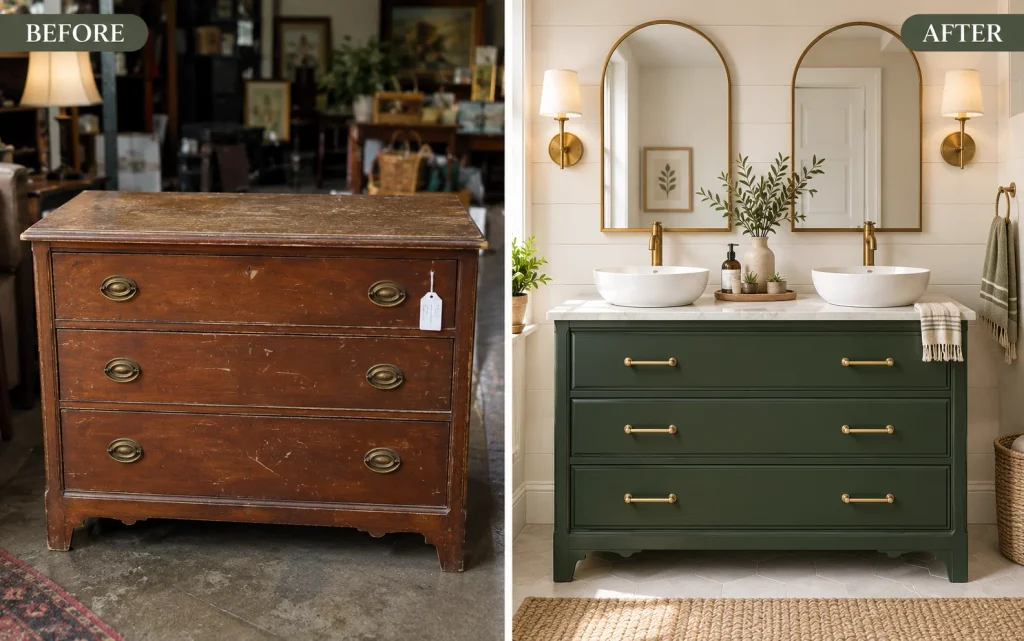 Before and after vintage dresser turned into a two sink bathroom vanity
