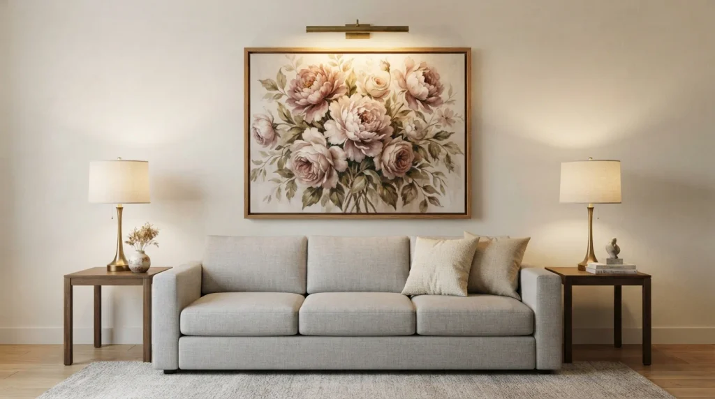  Dusty rose floral canvas with a picture light above a gray sofa