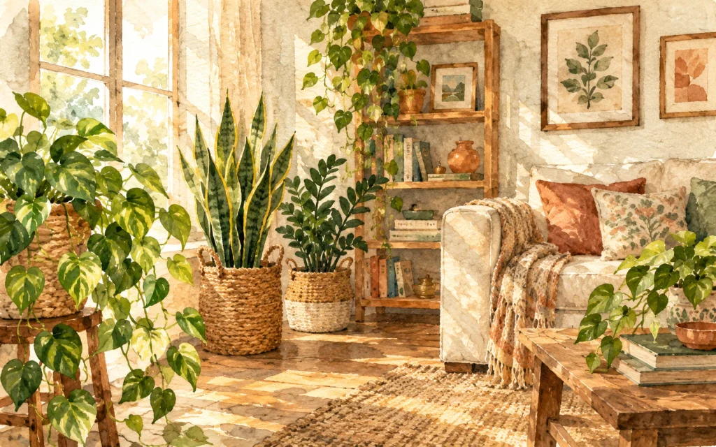 Watercolor illustration of easy houseplants in baskets in a living room