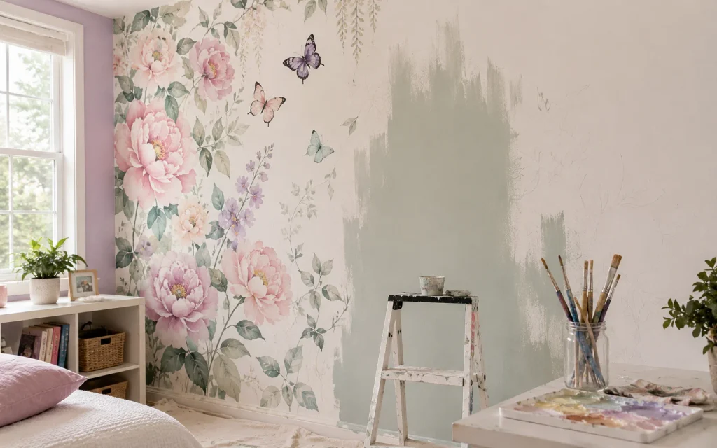 17 Bedroom Decor Ideas for a Girl: Cozy, Chic & Aesthetic 14 Pastel garden wall mural being painted in a girls bedroom