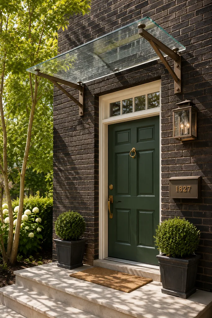 How to Add a Porch Canopy: 13 Stylish Ideas 3 Clear glass entry canopy on bronze brackets letting daylight onto a green front door