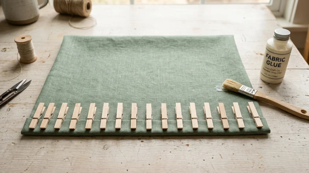 No Sew Window Valance Ideas: 30 Easy DIY Looks for Any Room 2 Fabric glue hem clamped with clothespins for a no sew window valance DIY