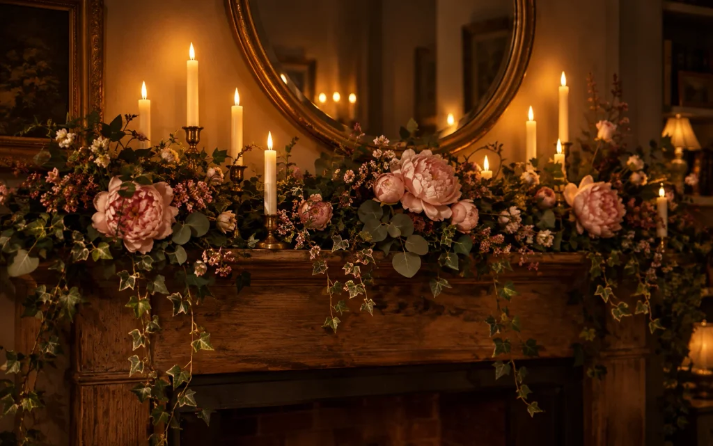 21 Living Room Decor Ideas Floral: Bright, Pretty & Cozy 21 Faux floral garland draped across a mantel with flameless candles