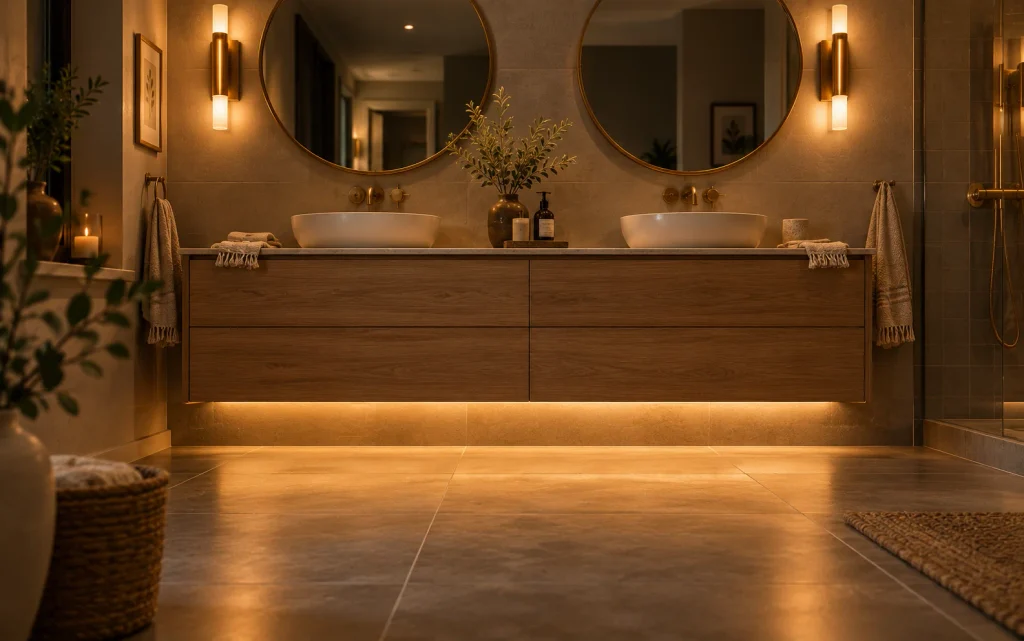  Floating oak double vanity with warm LED lighting underneath at night