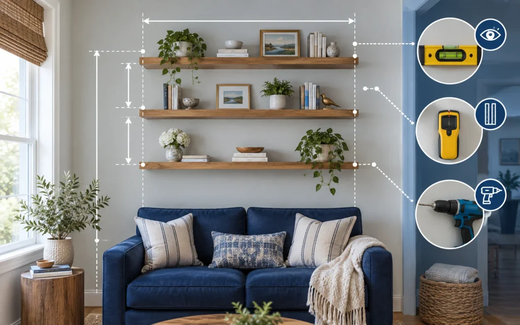 Floating shelves with measurement guides above a navy loveseat