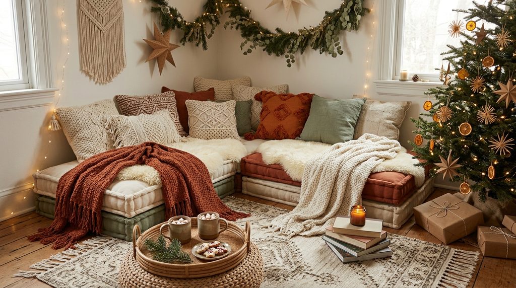 15 Dreamy Boho Christmas Living Room Ideas for a Cozy 2026 Makeover 15 Floor cushion nook