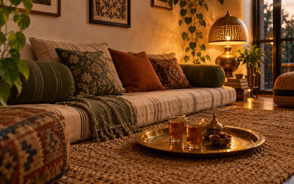 18 Budget Friendly Living Room Makeover: Cozy, Bold & Easy 15 Floor seating corner with bolsters, rug, and a brass tea tray