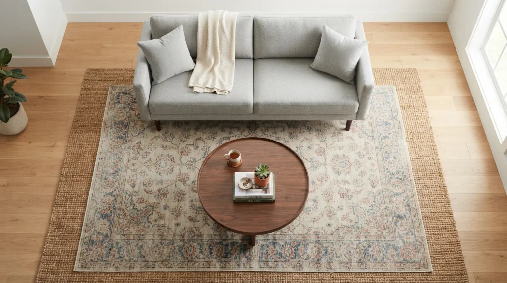 Top view of a floral area rug under a gray sofa and coffee table