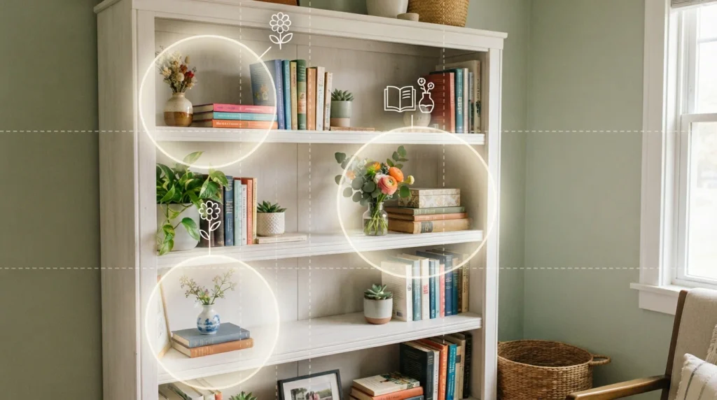 Bookshelf styled with small floral vases using a rule-of-thirds grid
