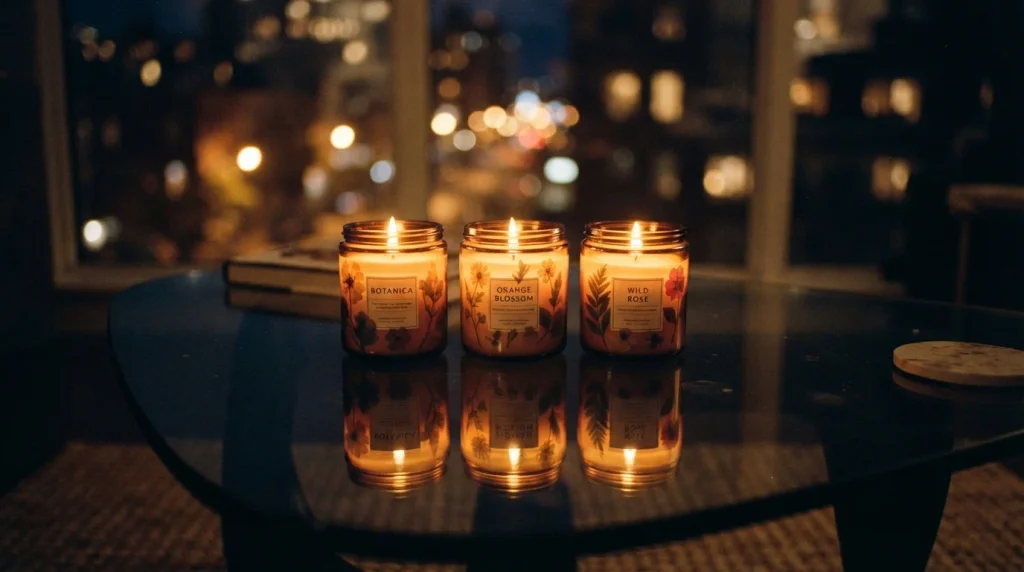 Three floral candle jars glowing with reflections on a glass table