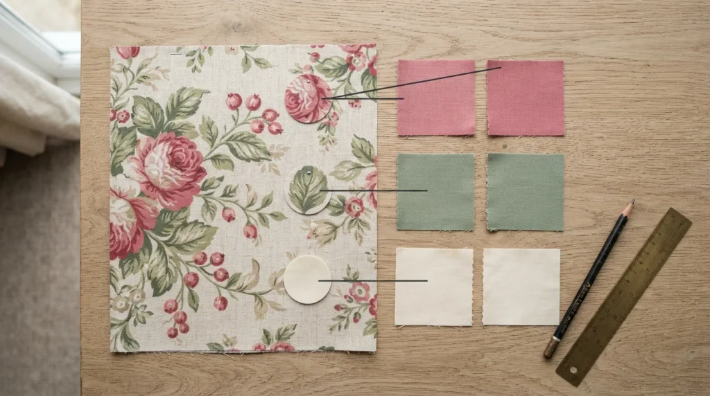 Color swatches linking a floral curtain print to plain pillows