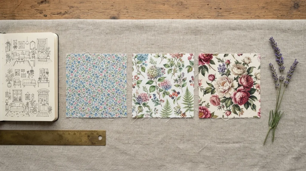Floral pattern scale swatches for living room decor ideas floral planning