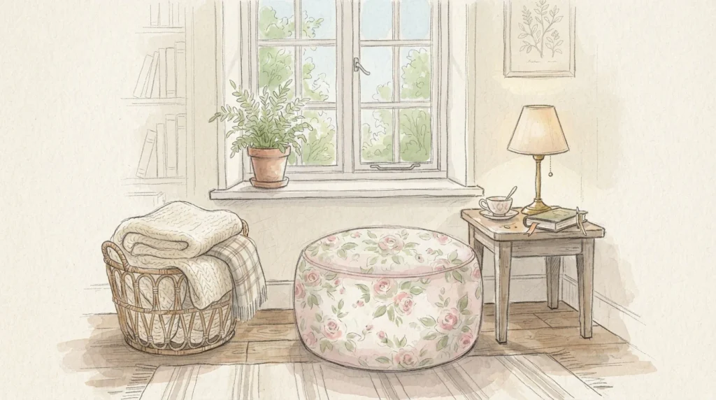 Sketch of a floral pouf and woven basket in a cozy living room corner