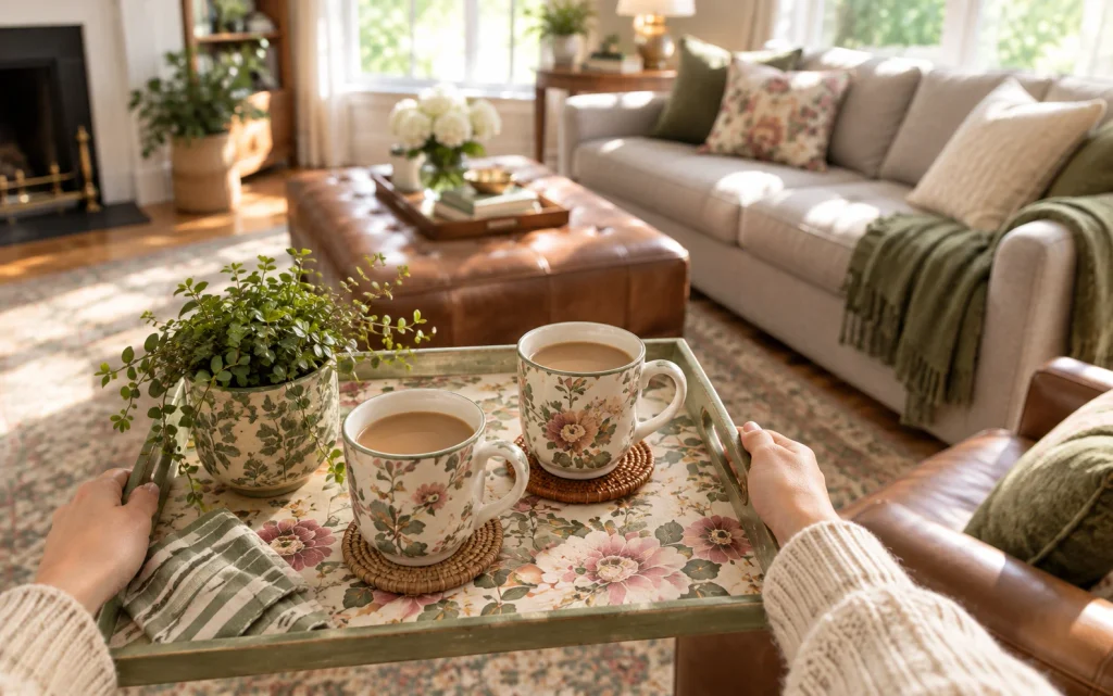 Carrying a floral serving tray with mugs to an ottoman and sofa
