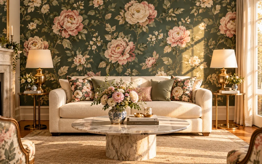 21 Living Room Decor Ideas Floral: Bright, Pretty & Cozy 2 Floral wallpaper accent wall behind a cream sofa in a living room