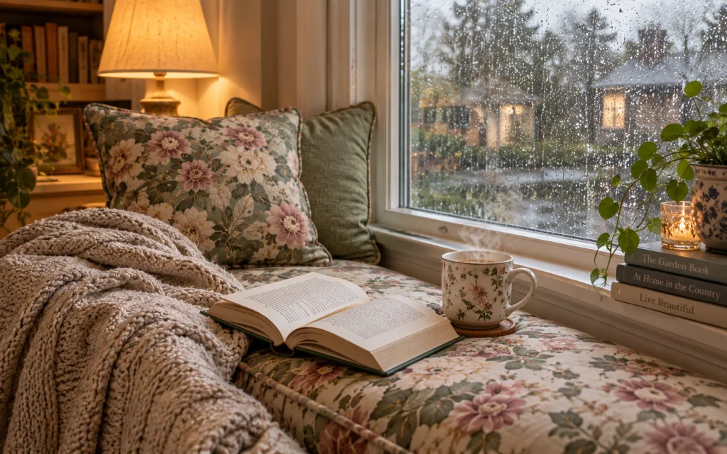 Floral window seat cushion with a book on a rainy day