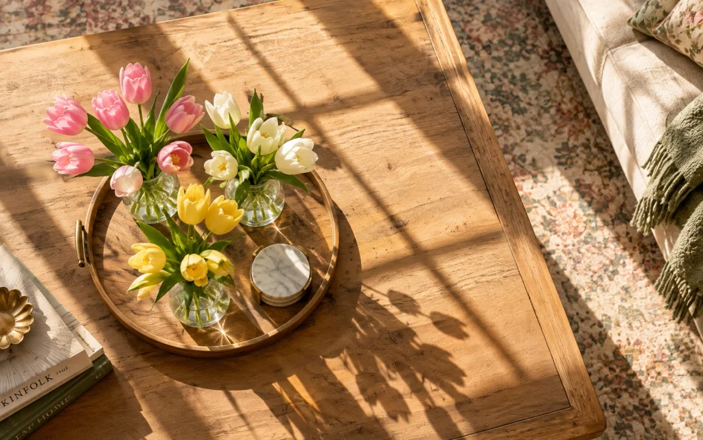 Fresh tulips in glass vases on a coffee table with window shadows