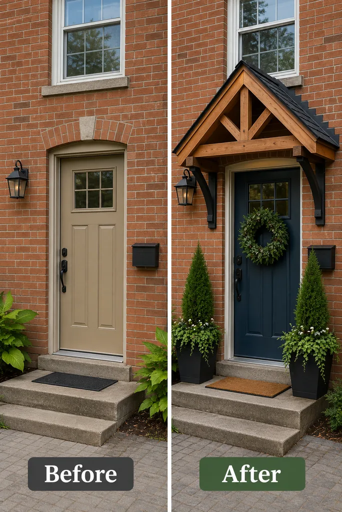 How to Add a Porch Canopy: 13 Stylish Ideas 1 Before and after of a front door with a gable wood canopy on black brackets