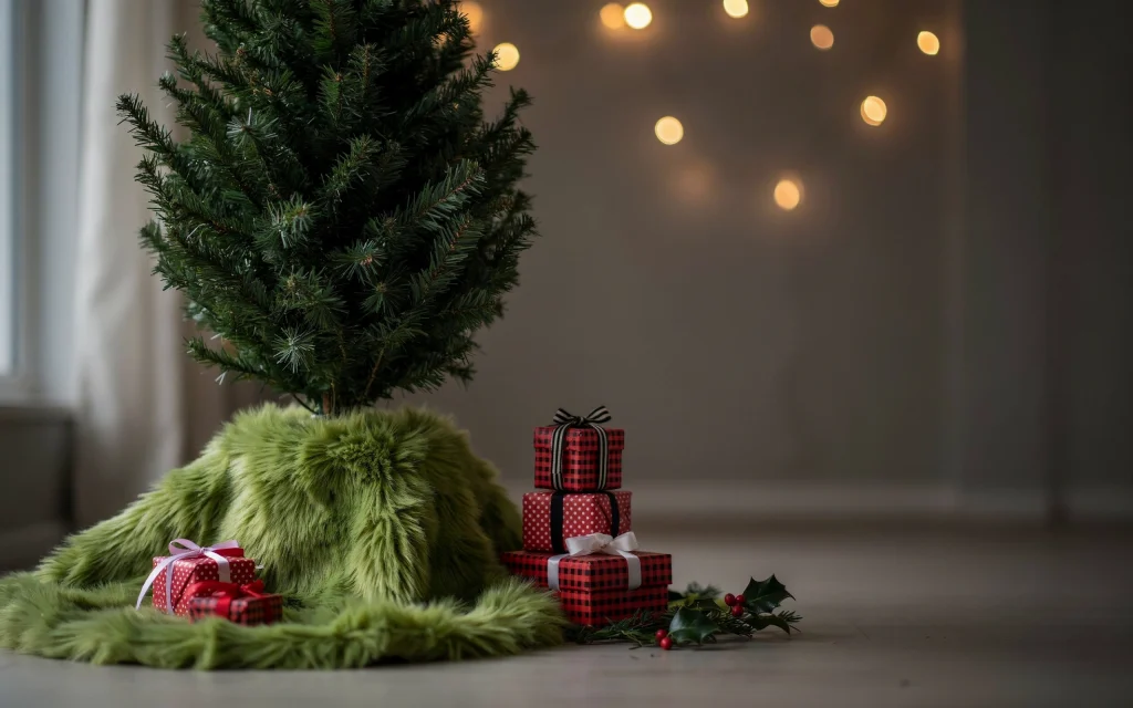 18 Jaw Dropping Grinch Tree Decorations you Need to Try this Holiday Season that will Turn Heads 15 Fuzzy lime skirt with striped gifts