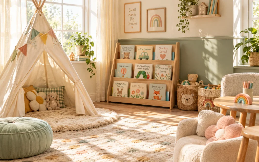 17 Bedroom Decor Ideas for a Girl: Cozy, Chic & Aesthetic 15 Girls bedroom play corner with canvas tent and tiny bookshelf