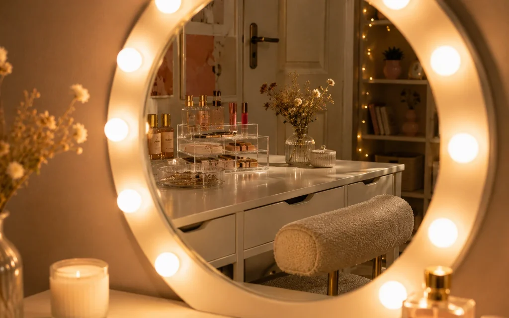 17 Bedroom Decor Ideas for a Girl: Cozy, Chic & Aesthetic 8 Girls bedroom vanity corner with round mirror, bulbs, and acrylic trays