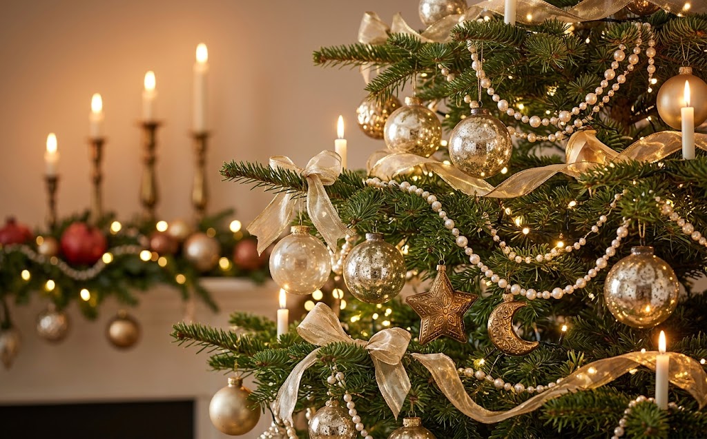 Gold christmas tree ideas 2026 with champagne ornaments, pearl strands, and sheer gold ribbon