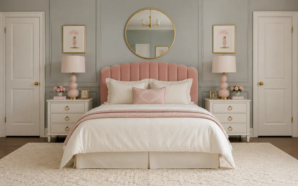 17 Bedroom Decor Ideas for a Girl: Cozy, Chic & Aesthetic 4 Gray wall girly bedroom with blush velvet headboard and gold mirror