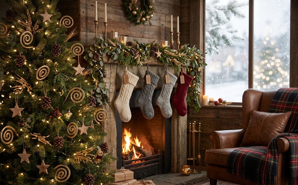 Green christmas tree ideas 2026 with eucalyptus, pinecones, wooden stars, and woodland greenery