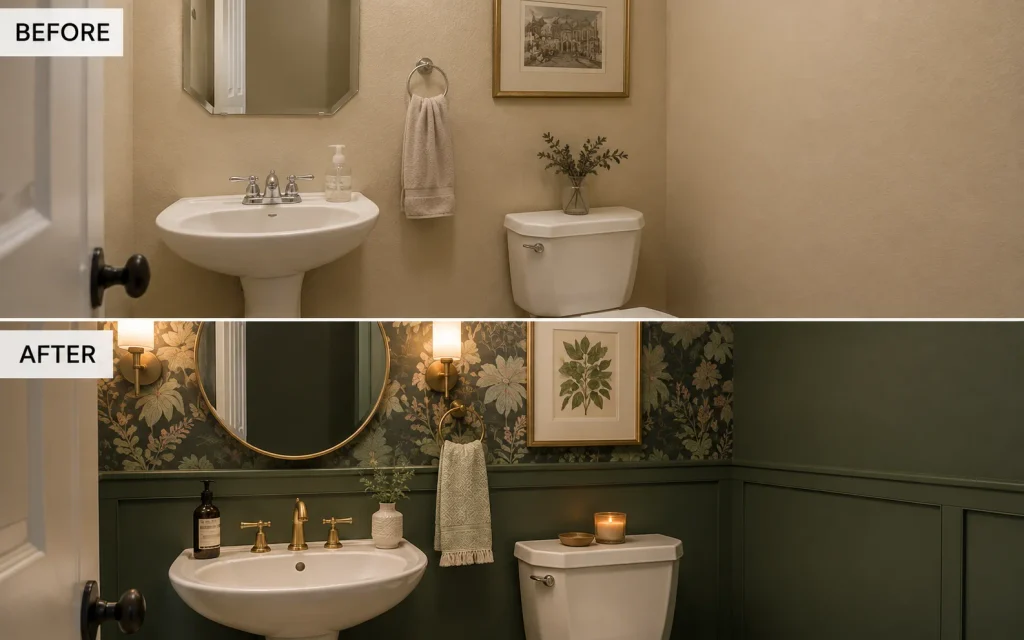  Before and after DIY half bath remodel in deep green with a brass faucet