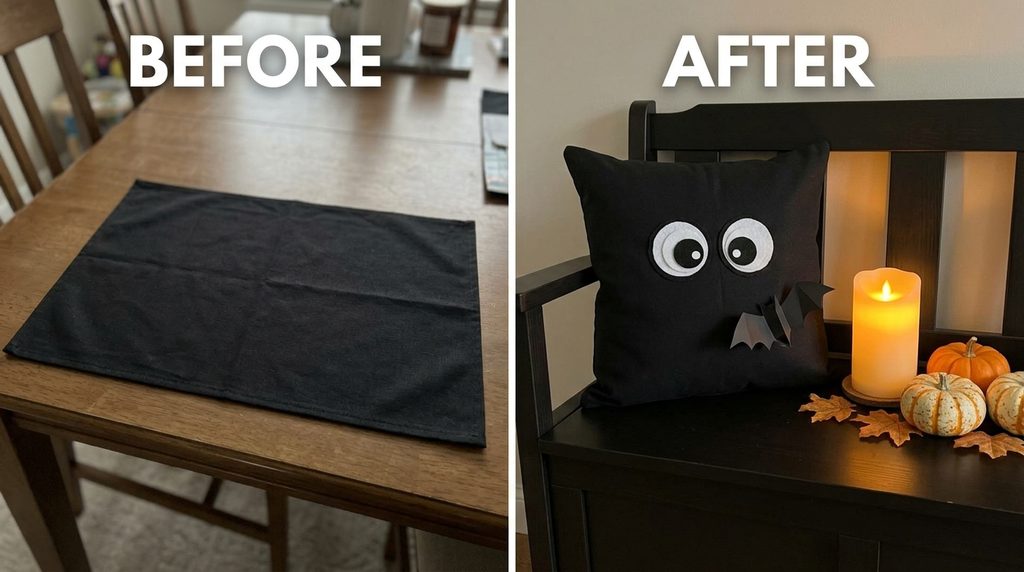 Placemat Pillow Ideas: 27 Easy No-Sew DIY Projects to Try 20 Before and after Halloween placemat pillow with felt eyes and a bat