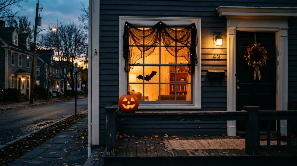 No Sew Window Valance Ideas: 30 Easy DIY Looks for Any Room 26 Halloween window valance with black tulle and cobwebs glowing at dusk