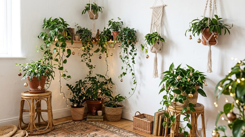 15 Dreamy Boho Christmas Living Room Ideas for a Cozy 2026 Makeover 13 Hanging plant corner