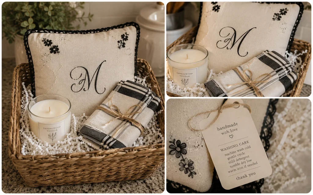 Placemat Pillow Ideas: 27 Easy No-Sew DIY Projects to Try 27 Housewarming gift basket with a handmade placemat pillow, candle, and tea towel