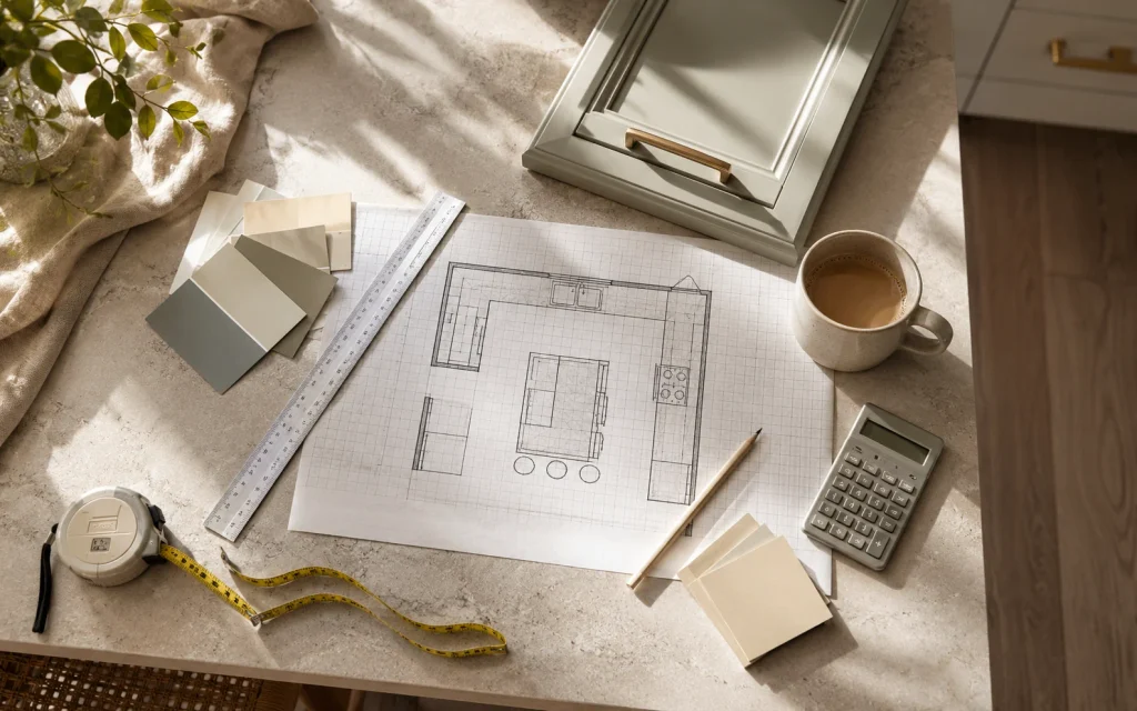 How to Remodel a Kitchen on a Budget: 18 Smart Ideas 1 Kitchen remodel planning materials with a floor plan, measuring tape, cabinet sample, and paint chips