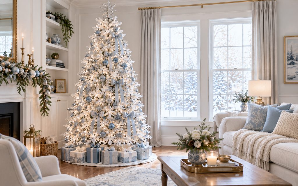 13 Beautiful White Christmas Tree Decorating Ideas for a Magical 2026 Holiday 4 Icy blue tree