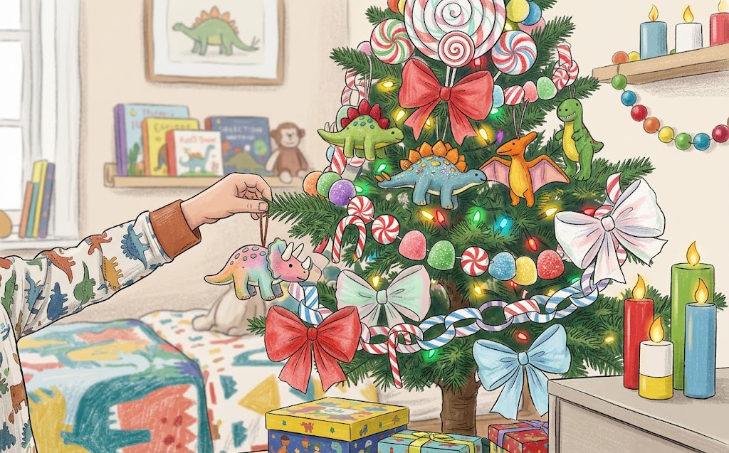 Candy christmas tree for kids with lollipops, peppermint garlands, and a giant lollipop topper