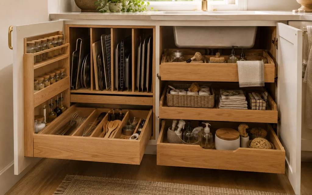 How to Remodel a Kitchen on a Budget: 18 Smart Ideas 17 Organized kitchen cabinet with pull-out trays, baking sheet dividers, and drawer storage