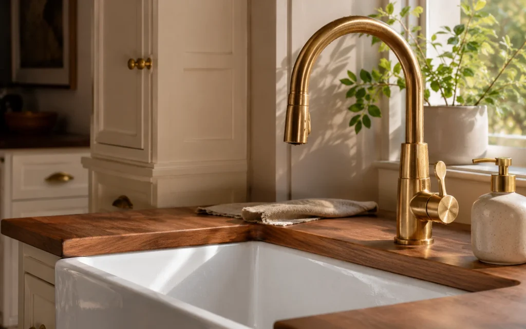 How to Remodel a Kitchen on a Budget: 18 Smart Ideas 13 Brushed brass faucet above a white kitchen sink after a remodel