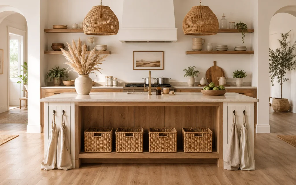 Affordable Tips to Organize Kitchen: 16 Easy Pinterest Ideas 8 : Boho kitchen island with rattan baskets and hooks for aprons