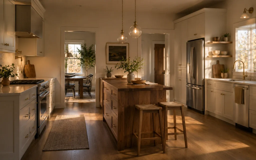 How to Remodel a Kitchen on a Budget: 18 Smart Ideas 8 Compact remodeled kitchen island with open walking space and warm white cabinets