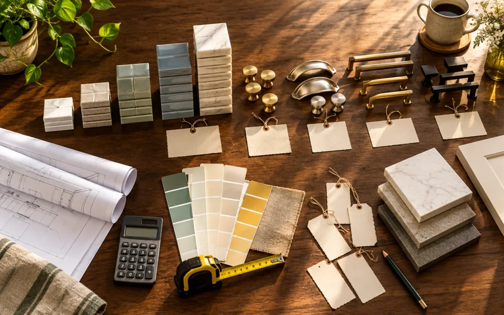 How to Remodel a Kitchen on a Budget: 18 Smart Ideas 2 Kitchen remodeling budget planning scene with tile, hardware, paint samples, and measuring tools