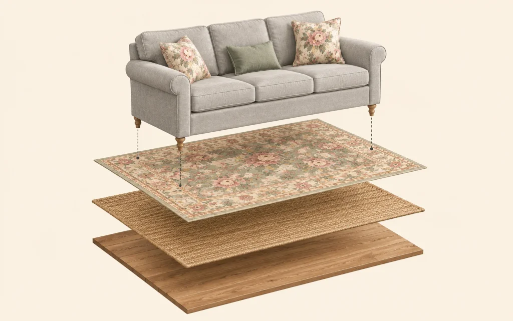 21 Living Room Decor Ideas Floral: Bright, Pretty & Cozy 15 Exploded layers of a floral rug over jute under a gray sofa