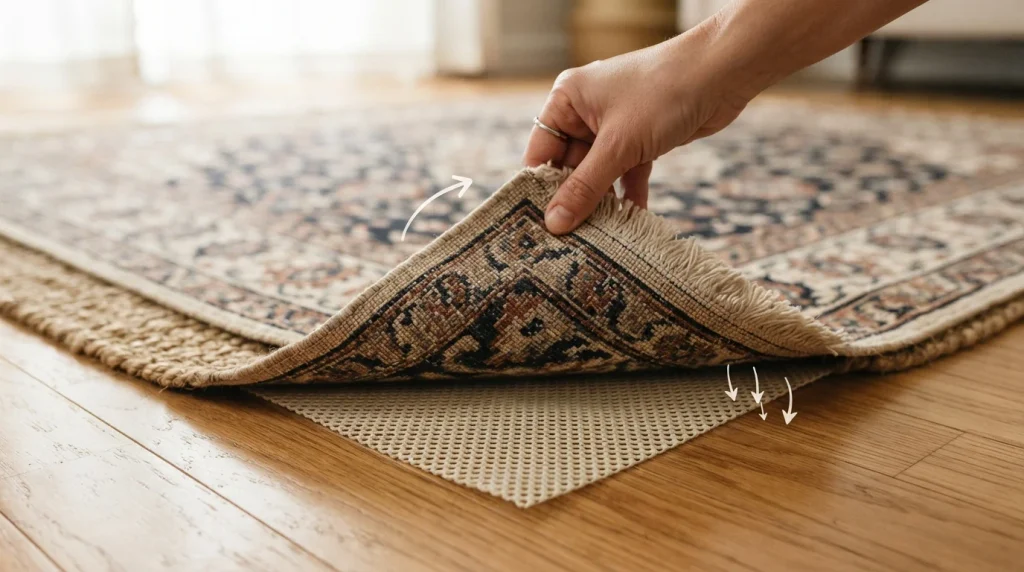 18 Budget Friendly Living Room Makeover: Cozy, Bold & Easy 18 Hand lifting a layered living room rug to show the non-slip pad