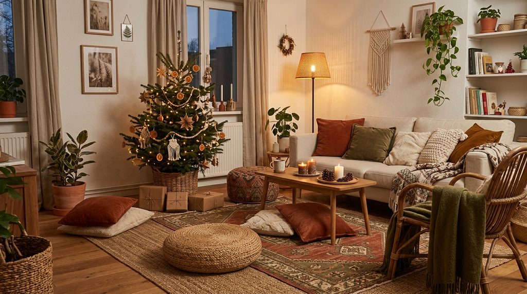15 Dreamy Boho Christmas Living Room Ideas for a Cozy 2026 Makeover 6 Layered rug pouf