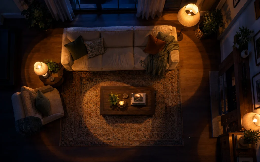 18 Budget Friendly Living Room Makeover: Cozy, Bold & Easy 17 Top view of three warm lamps lighting a living room at night