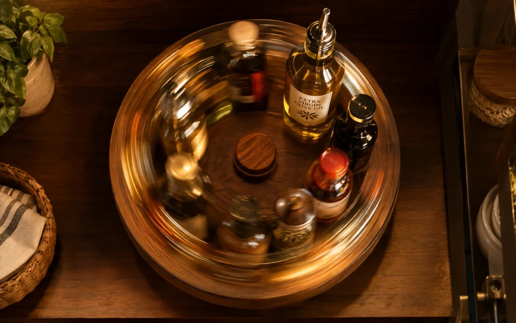 Affordable Tips to Organize Kitchen: 16 Easy Pinterest Ideas 11 Top view of a spinning lazy Susan with sauce bottles on a pantry shelf