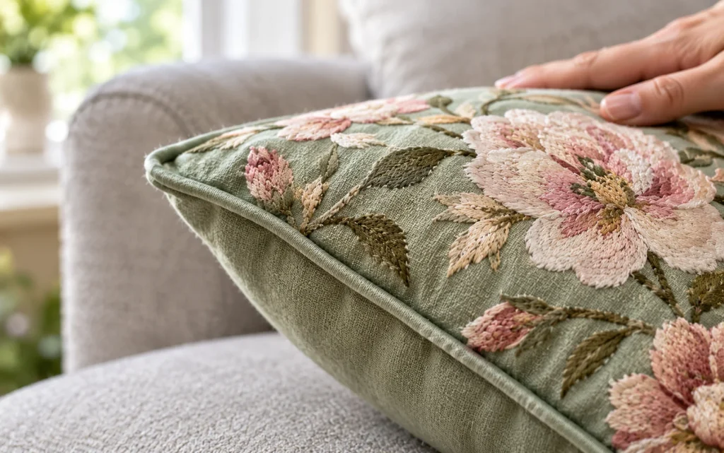 Sage floral pillow on a light gray couch in a living room