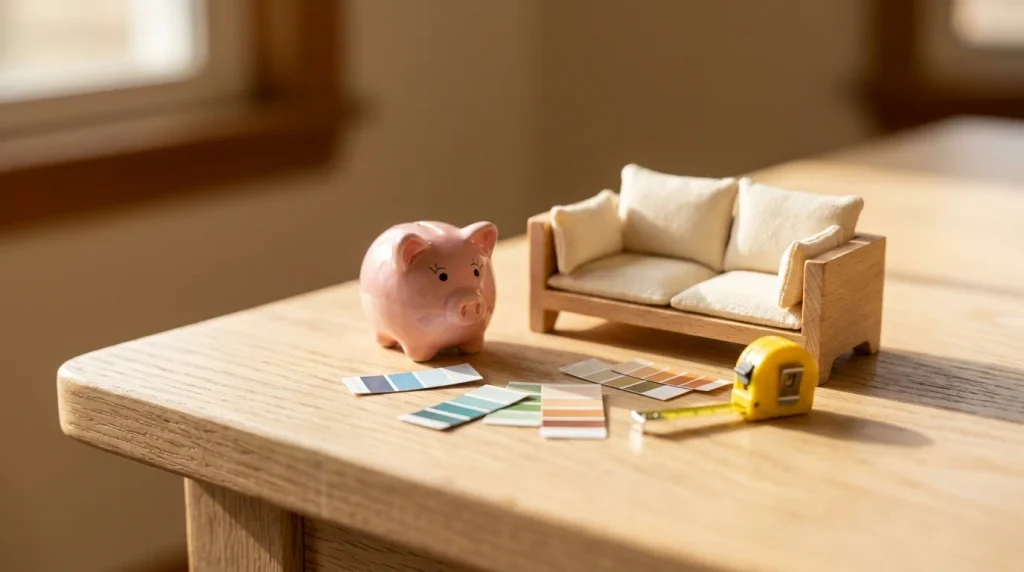 Piggy bank beside a tiny sofa model and swatches for living room decor on a budget
